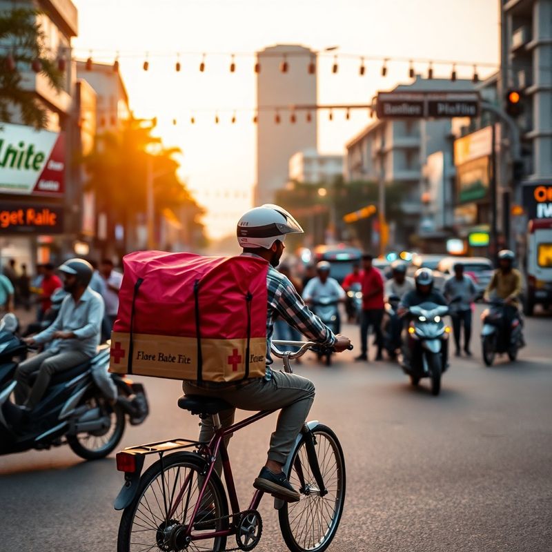 Bangalore delivery rider on a bicycle at a busy intersection in warm afternoon light