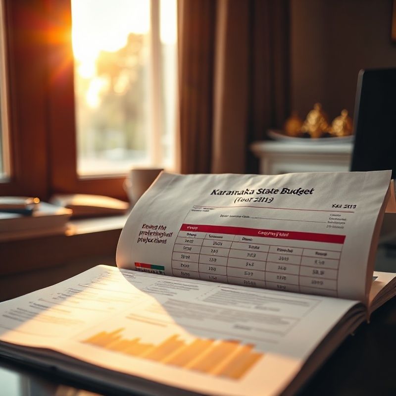 Karnataka state budget document open on a desk with tables and fiscal projections visible
