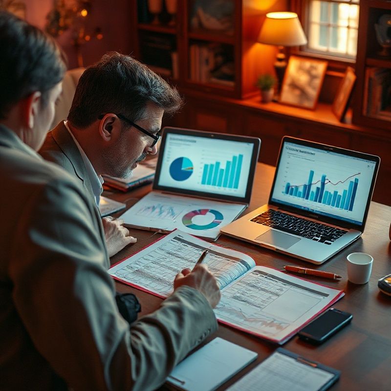 Journalist's desk with government budget documents and a laptop showing data charts