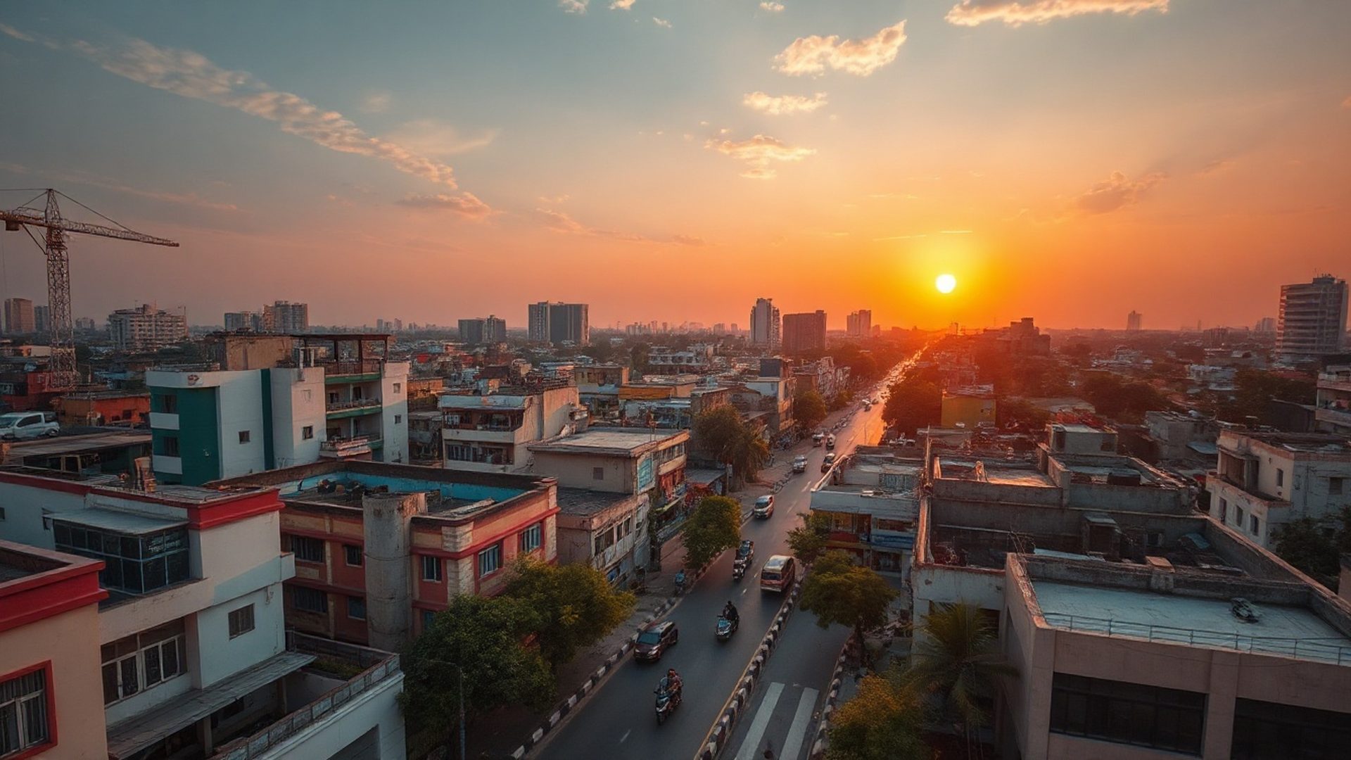 Aerial view of Bangalore at golden hour with commuters visible on the street below